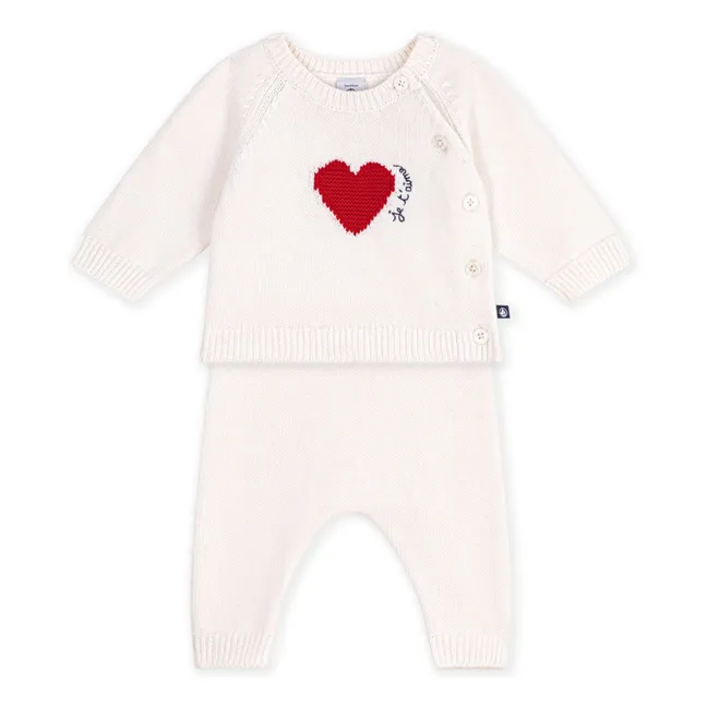 Wool Heart Cardigan and Pants Set | White