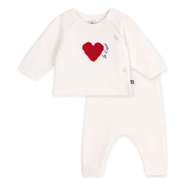 Wool Heart Cardigan and Pants Set | White