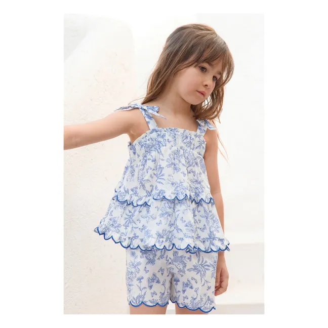 Ensemble Top et Short Feston Fleuri - Inspiration Toile de Jouy | Bleu électrique