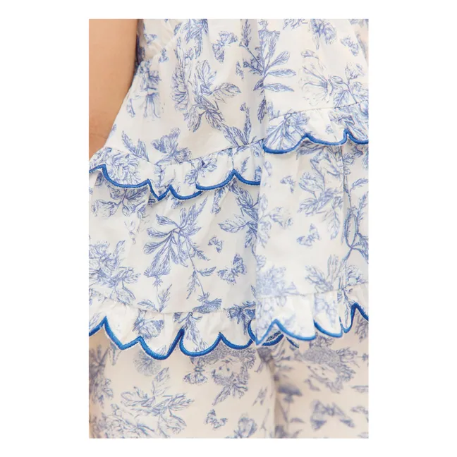 Conjunto de top y pantalones cortos con festones florales - Inspirado en el estampado «Toile de Jouy» | Azul eléctrico
