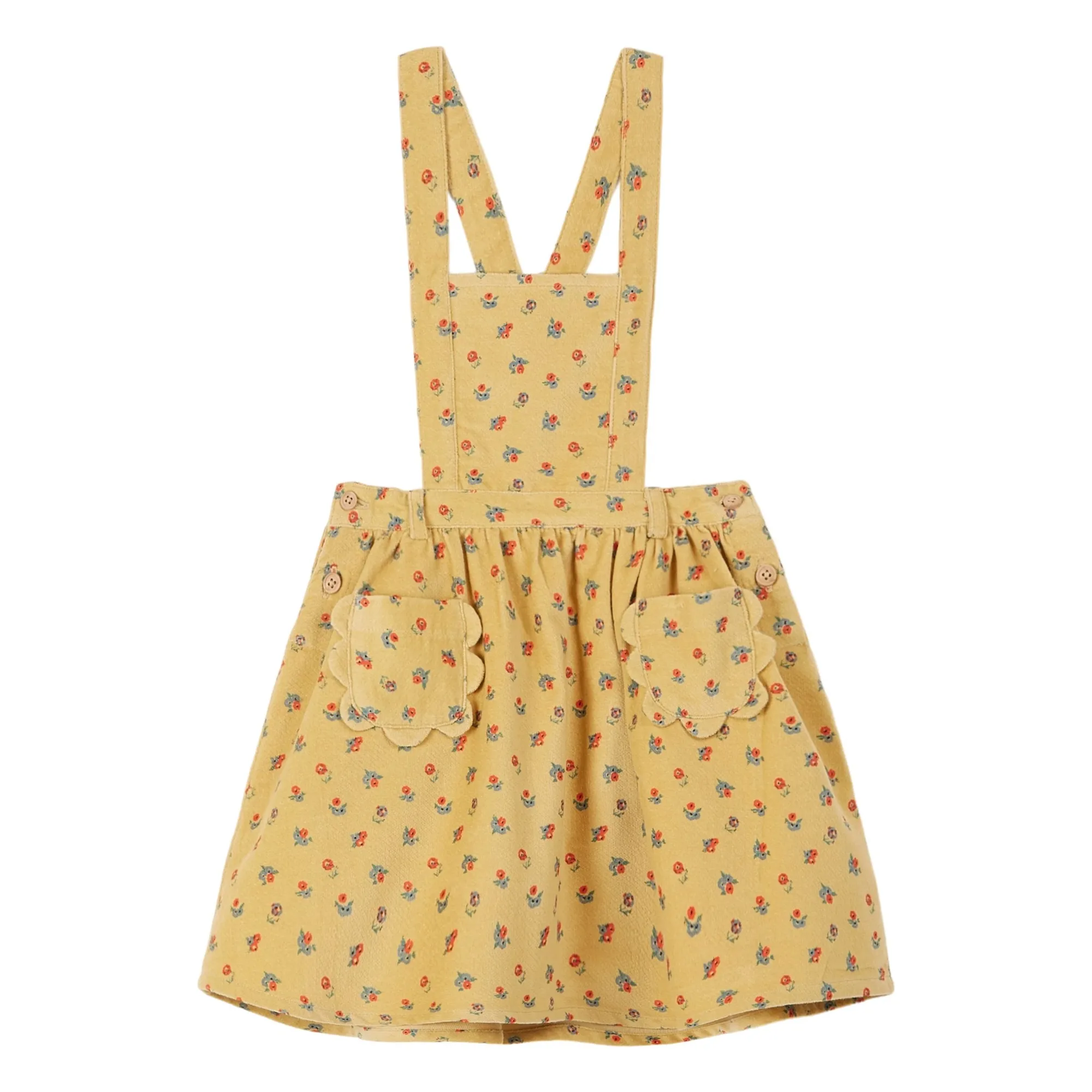 Emile Et Ida Girls Yellow Floral Corduroy Apron Dress