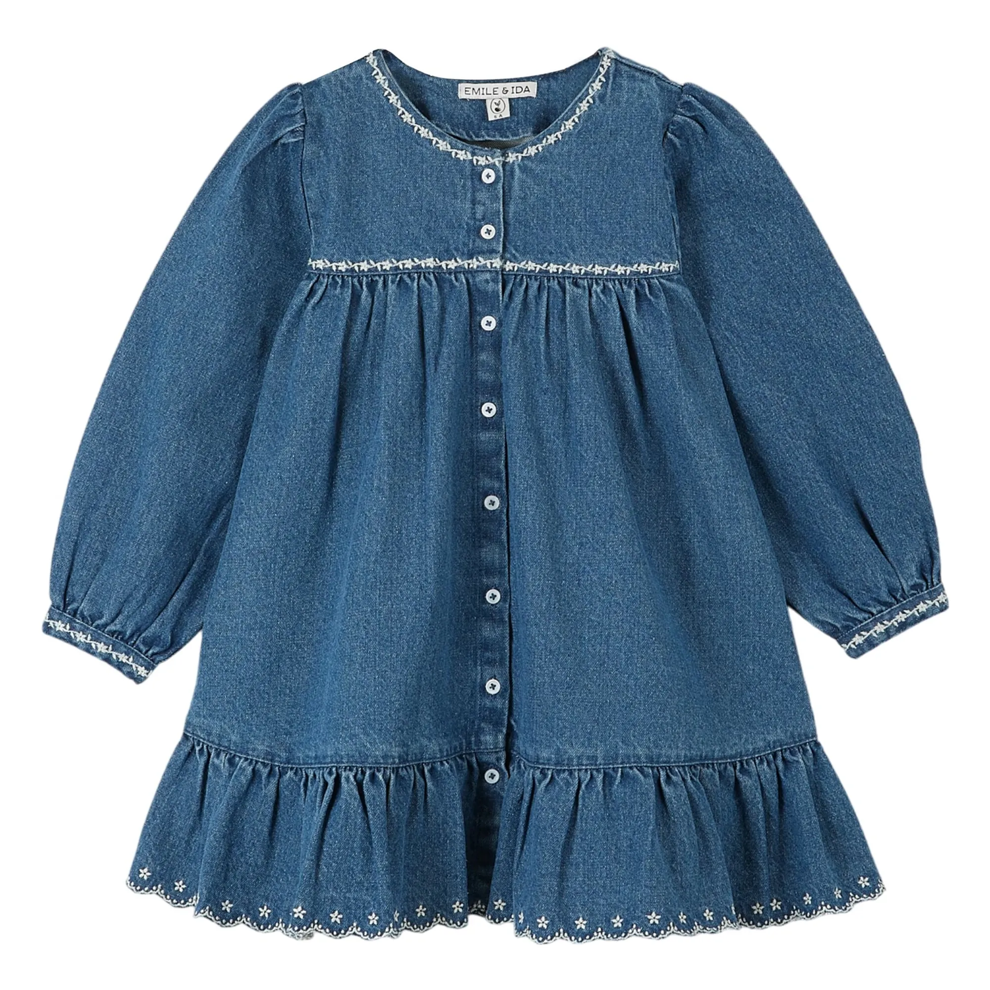 Emile Et Ida Girls Denim Blue Embroidered Denim Dress