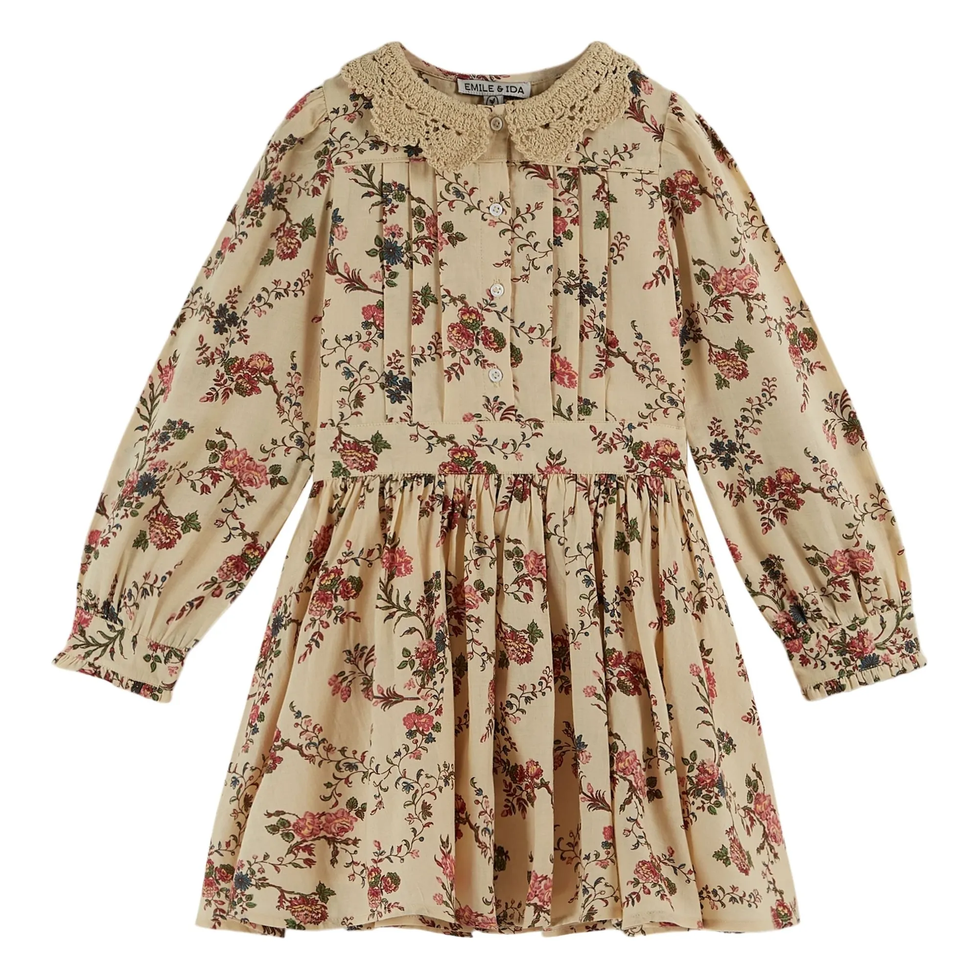emile et ida crochet collar dress Emile et Ida - Hand Embroidered Floral Crochet Collar Dress - Beige