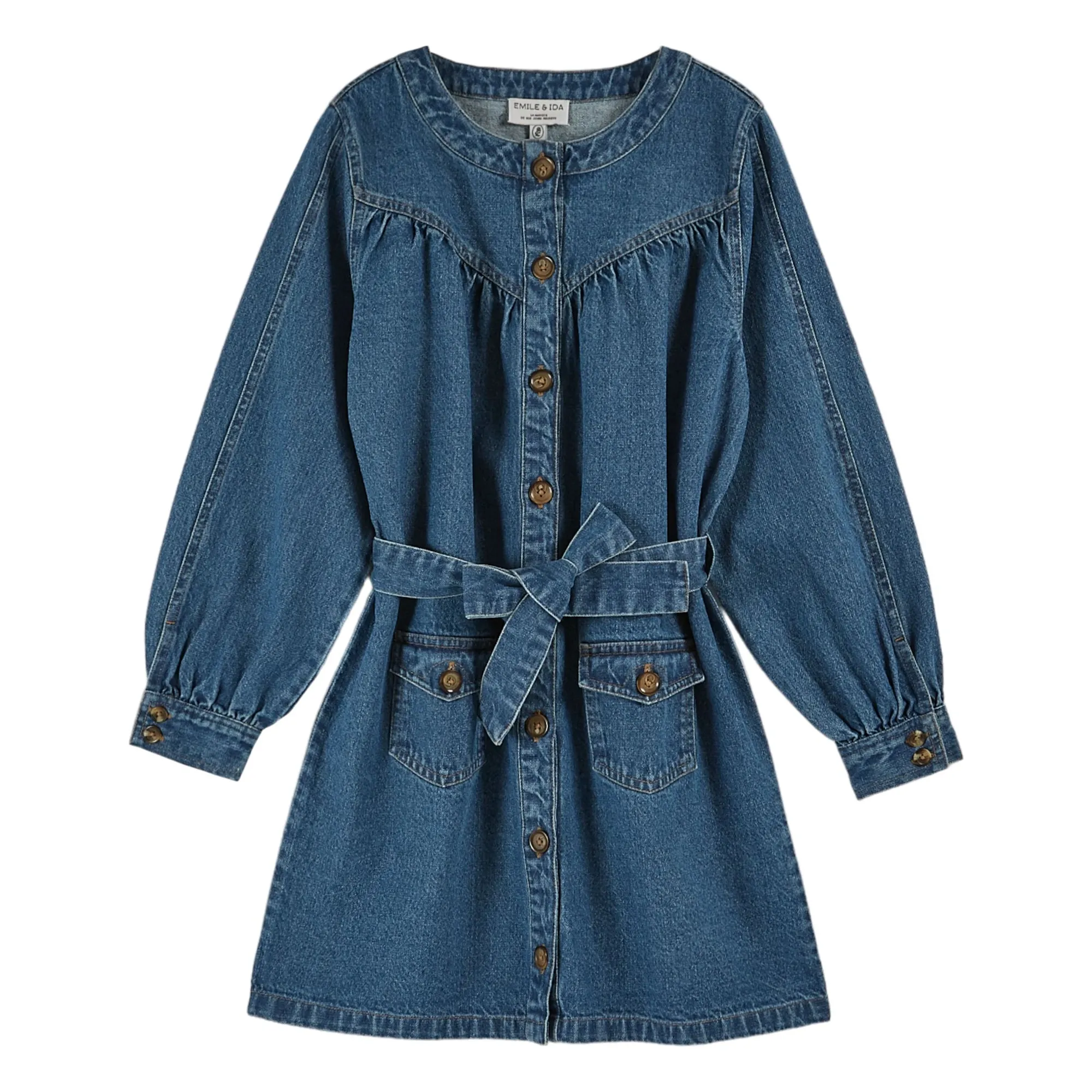 emile et ida denim dress Short cotton denim dress with lavallire collar