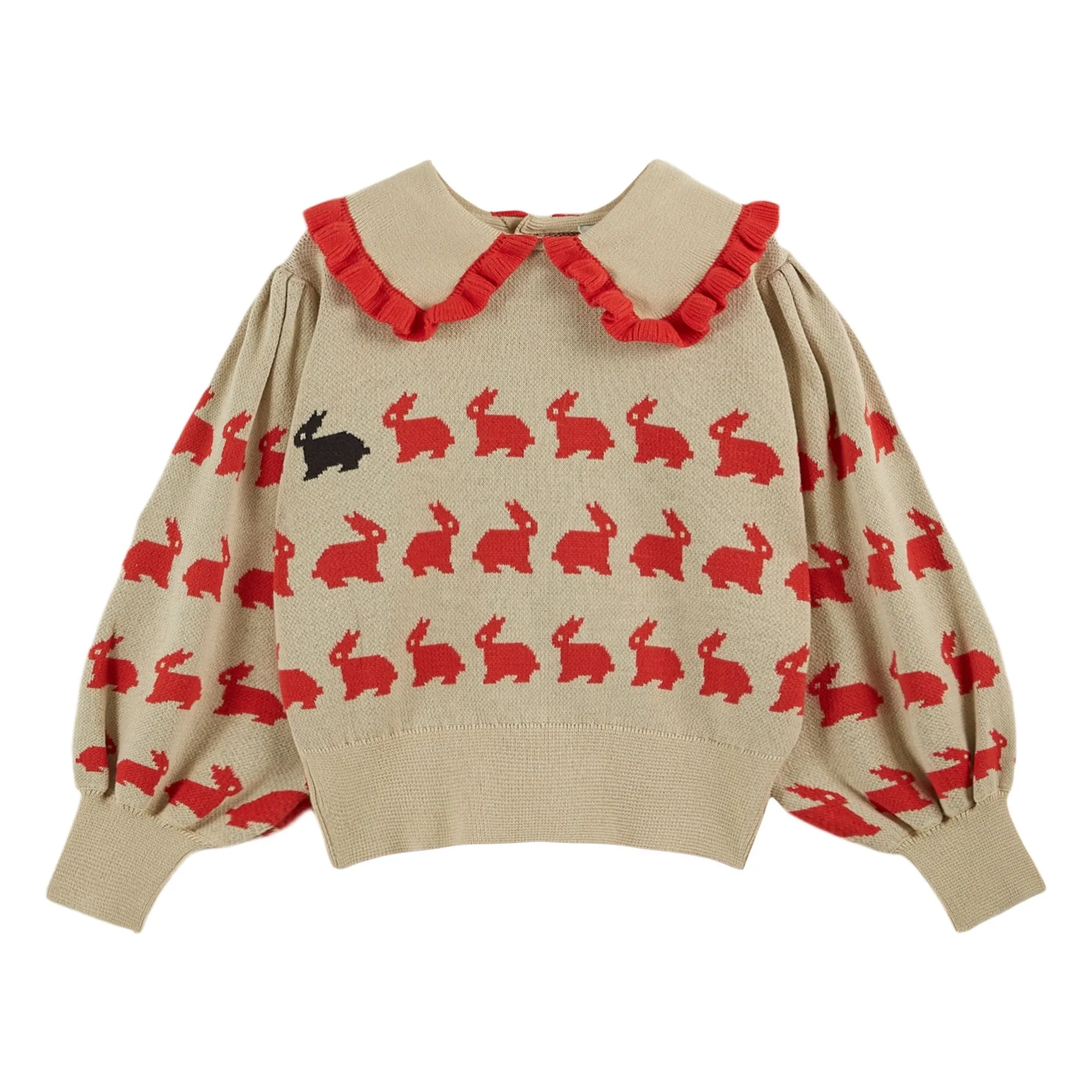 Emile Et Ida Beige Rabbits Ruffled Collar Sweater