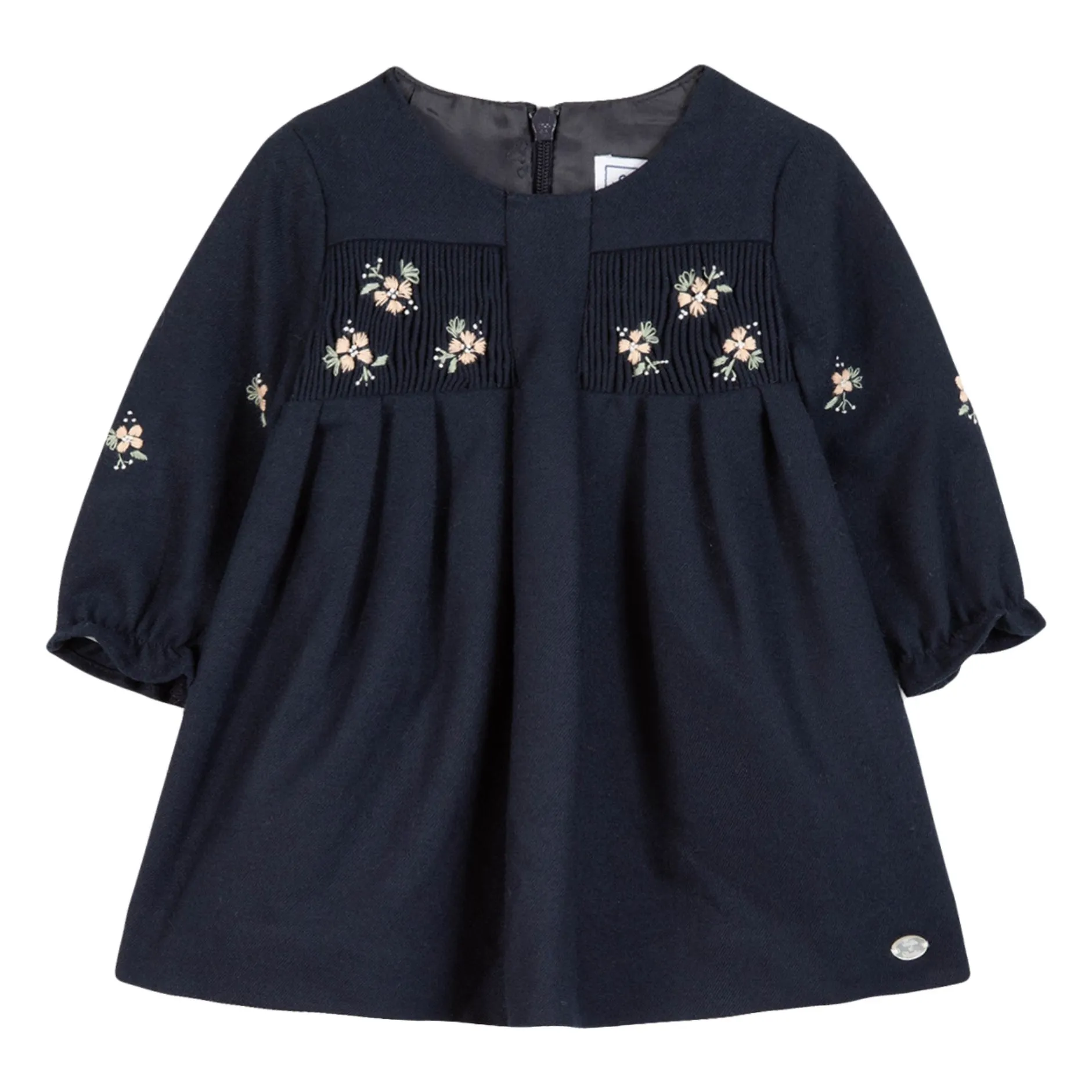 Tartine Et Chocolat Girls Navy Blue Embroidered Flower Dress