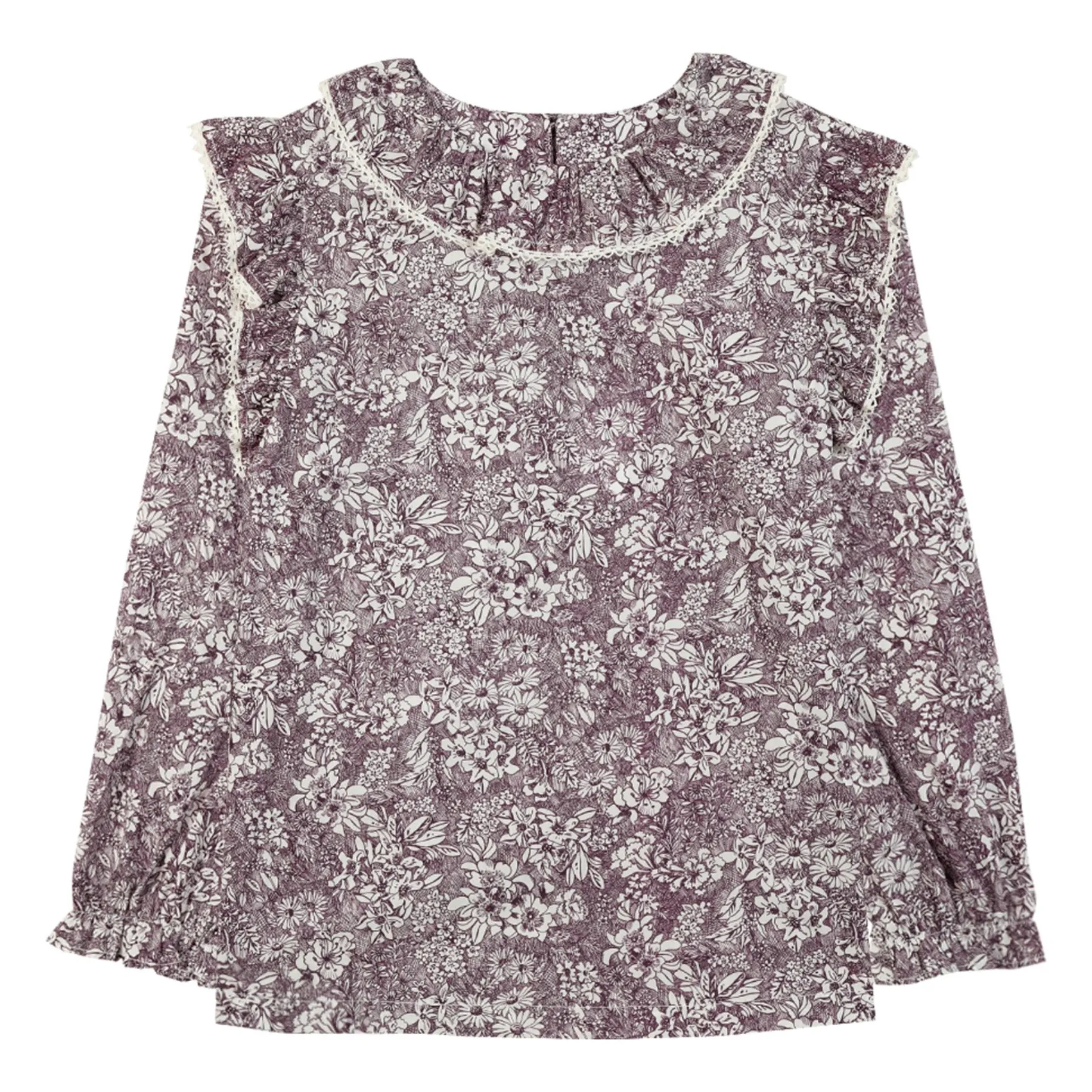 Tartine Et Chocolat Girls Aubergine Ruffled Flowered Blouse
