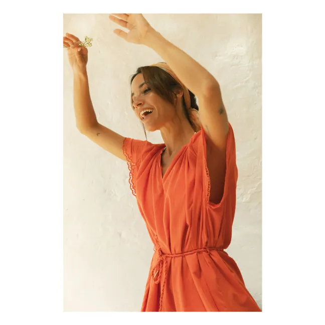 Robe Courte Brodée en Coton Bio | Corail