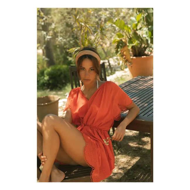 Organic cotton embroidered short dress | Coral