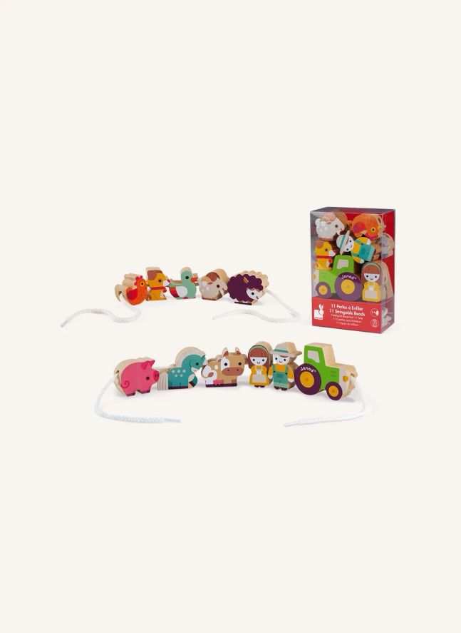 Perles à enfiler en bois Ferme - Set de 11