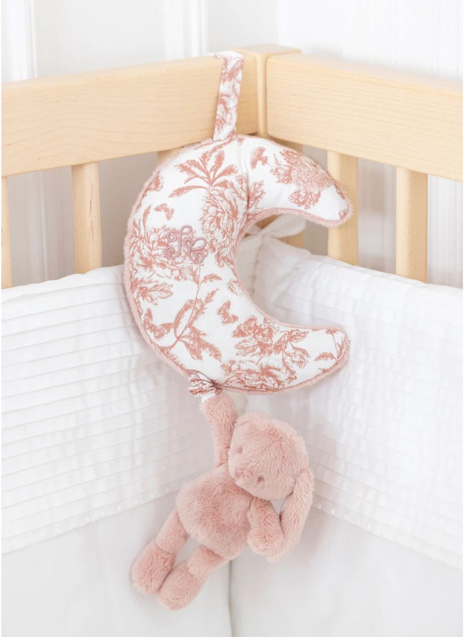 Mobile musical Augustin le lapin Toile de Jouy | Rose pêche- Image produit n°1