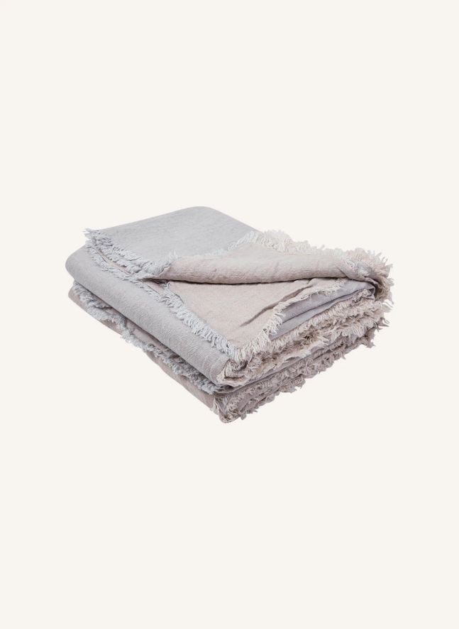 Plaid vice versa frangé en lin lavé froissé  | Perle/Givré