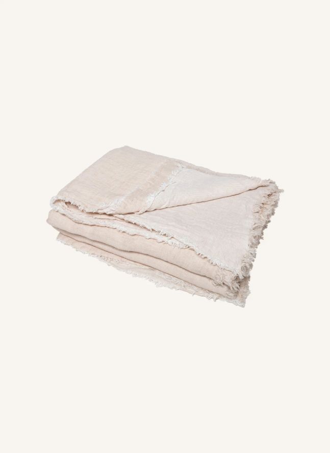 Plaid vice versa frangé en lin lavé froissé  | Crème/Givré