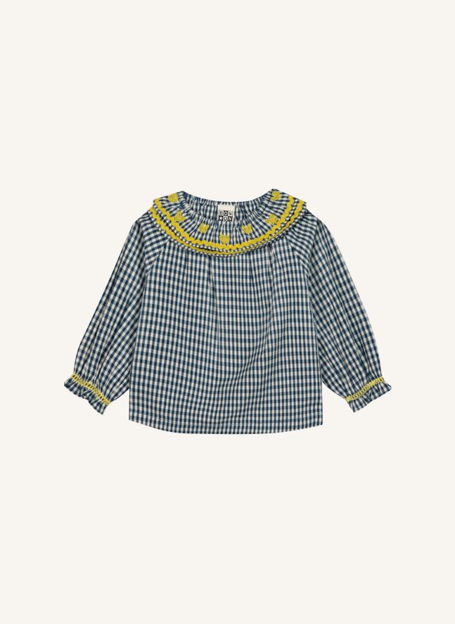 Blouse Col Brodé Solane Carreaux | Bleu