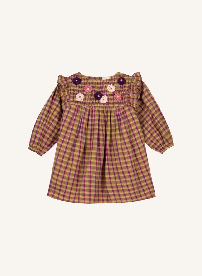 Robe Brodée Mirtle Carreaux | Jaune moutarde