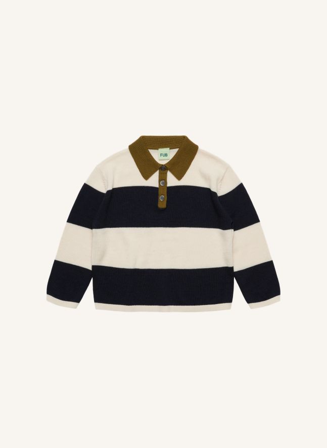 Pull Col Polo Rayé Maille Fine Laine Mérinos | Ecru