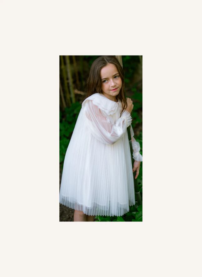 Reena Tulle Plissé Scalloped Neck Dress | Cream