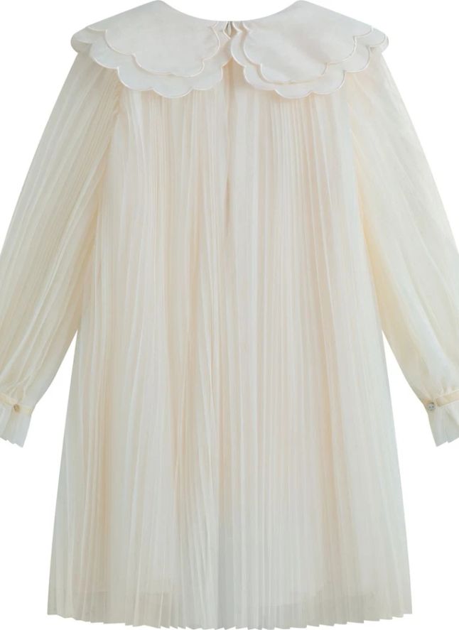 Reena Tulle Plissé Scalloped Neck Dress | Cream
