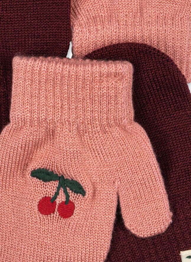Lot de 2 Paires de Moufles Filla Cerises Laine | Rose