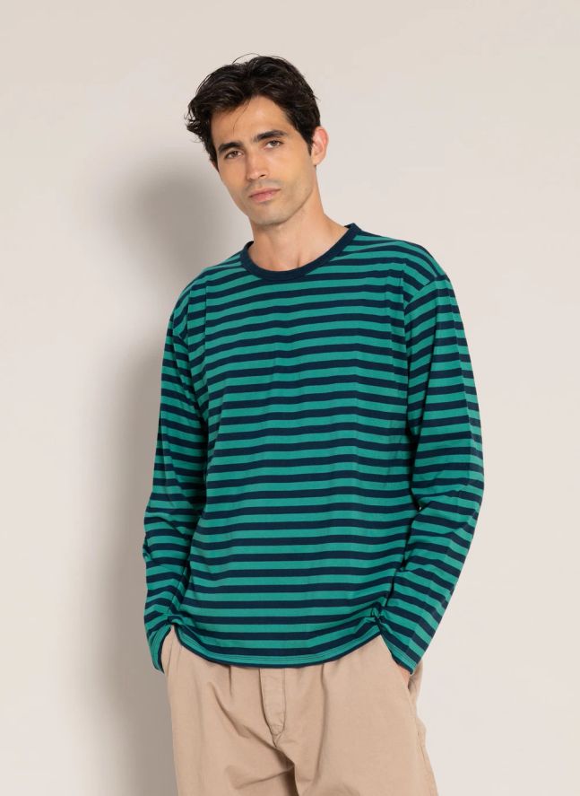 T-shirt Silas Rayé Coton Bio | Vert forêt