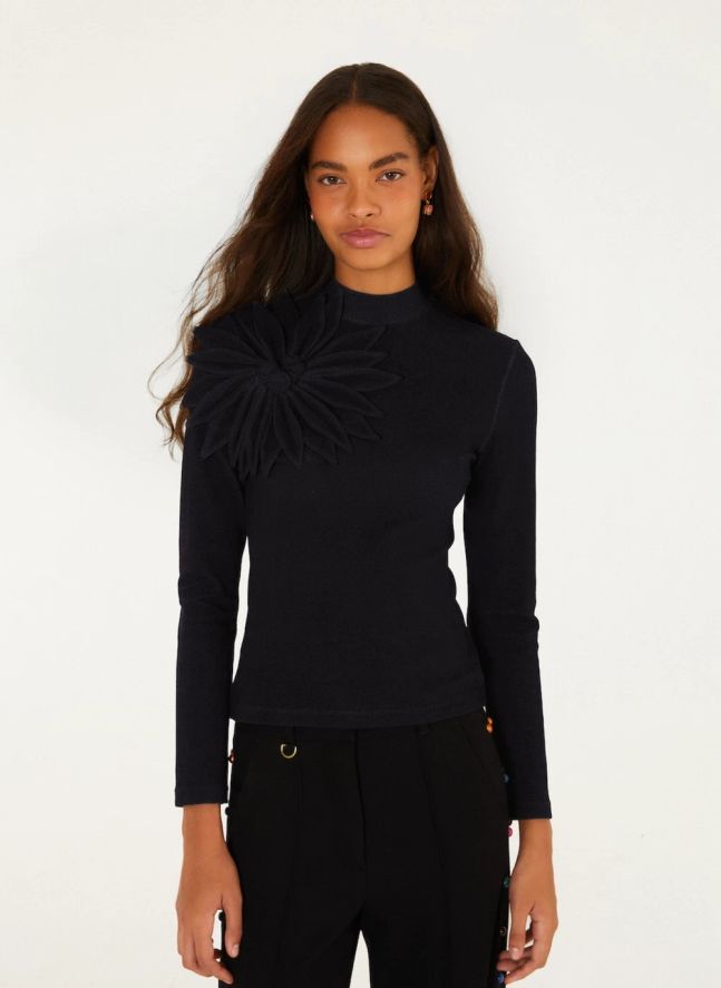 Top Manches Longues Fleur | Noir