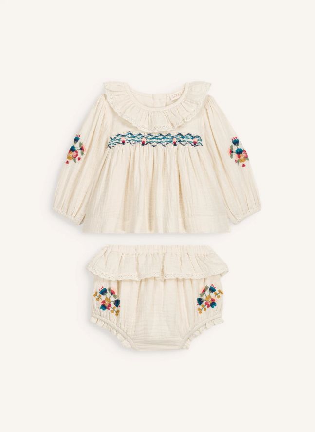 Ensemble Blouse et Bloomer Helia Gaze de Coton Bio | Crème