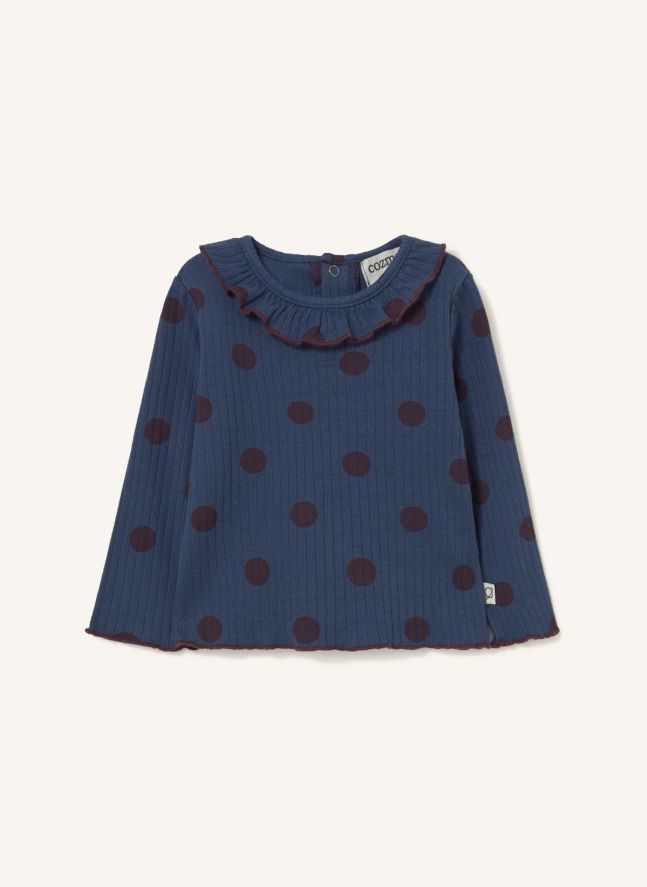 T-shirt Côtelé Col Volants Ayana Pois | Bleu marine