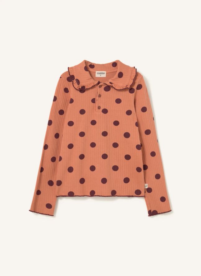 T-shirt Côtelé Col Claudine Cala Pois Coton Bio | Corail