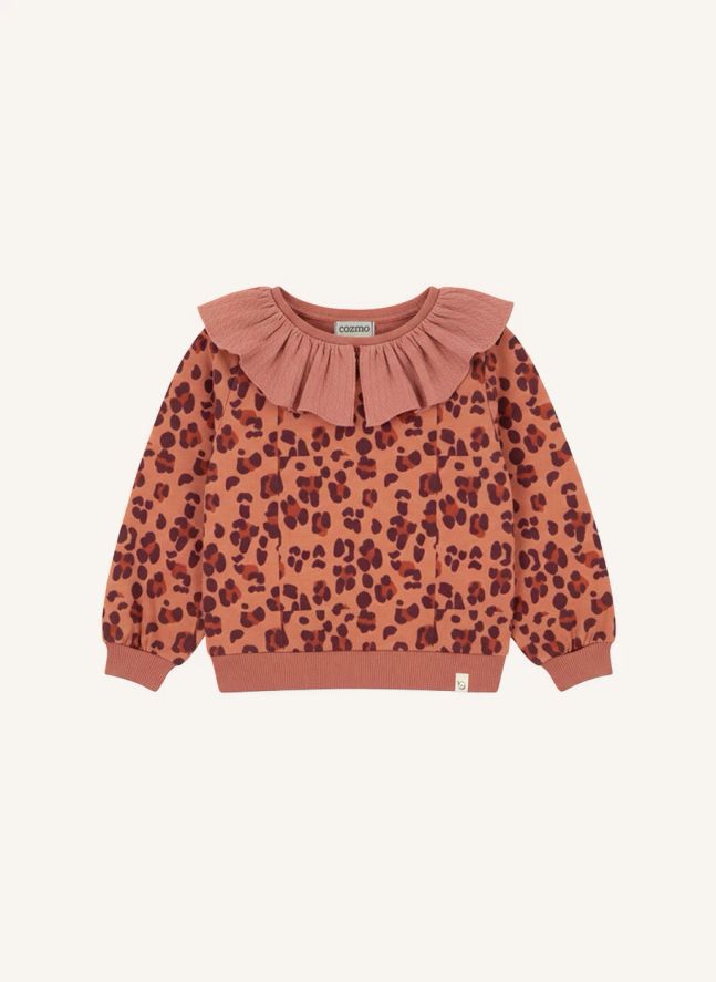 Sweat Col Volants Laia Léopard Coton Bio | Corail