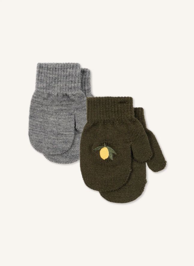 Lot de 2 Paires de Moufles Filla Citrons Laine | Kaki