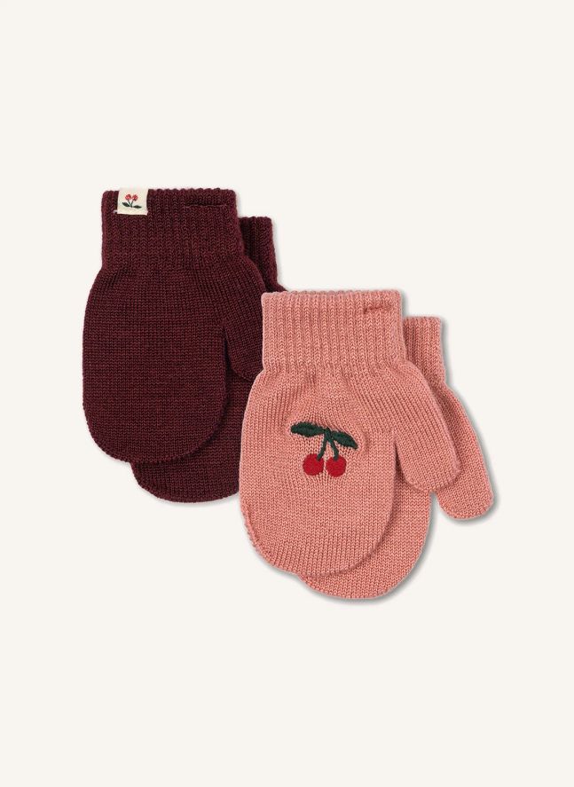 Lot de 2 Paires de Moufles Filla Cerises Laine | Rose