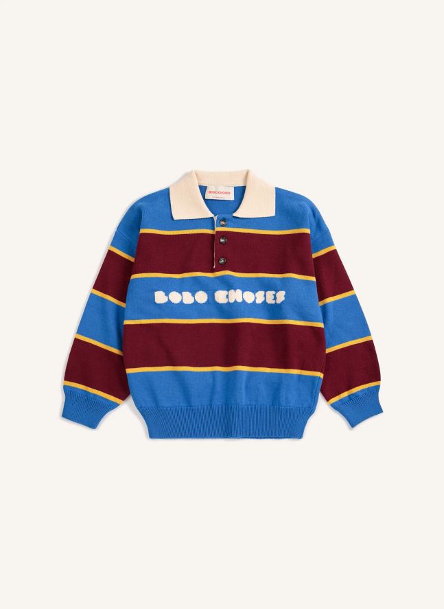 Pull Col Polo Rayé Coton Bio | Bleu