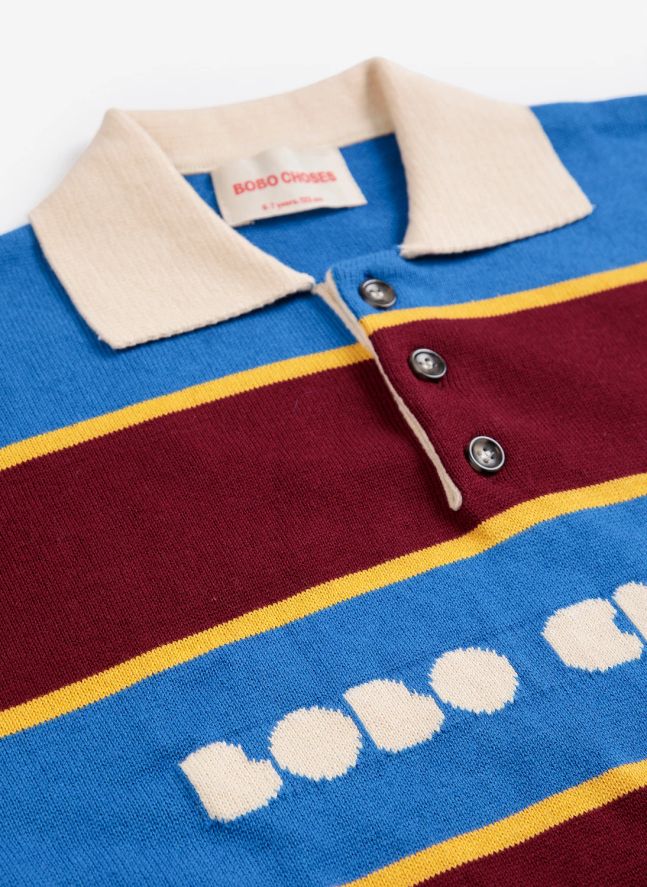 Pull Col Polo Rayé Coton Bio | Bleu