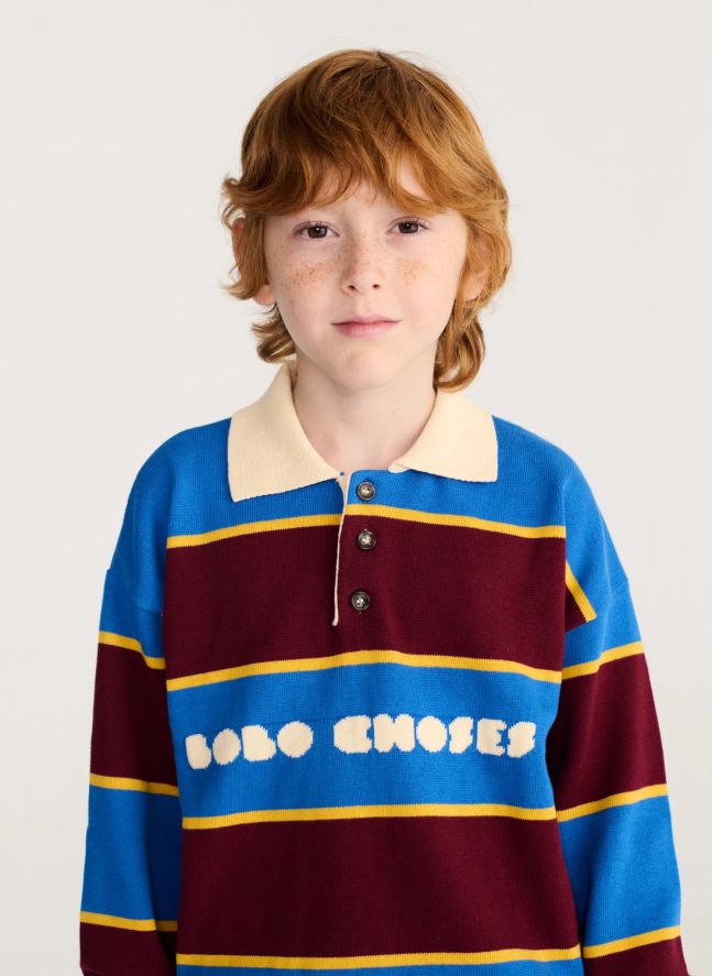 Pull Col Polo Rayé Coton Bio | Bleu