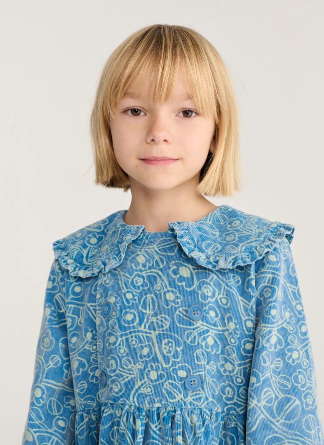 Robe Fleurie Velours Côtelé Coton Bio | Bleu