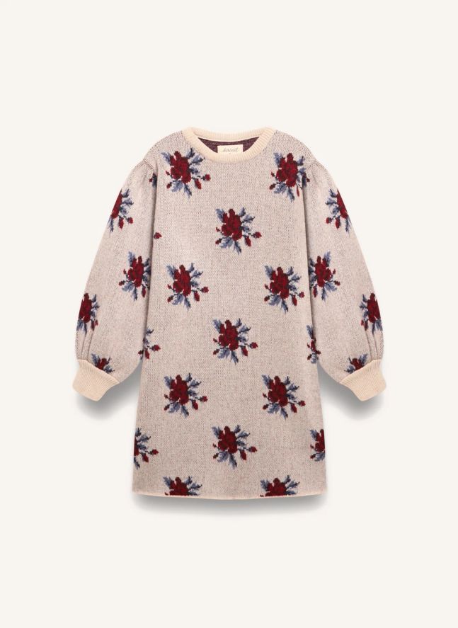 Robe Colette Fleurs Laine Merinos | Ivoire