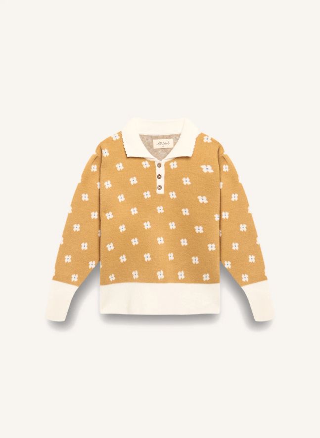 Pull Col Polo Fleuri | Jaune moutarde