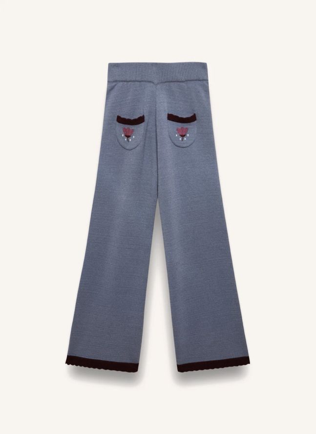 Pantalon Maille Poches Brodées | Bleu gris