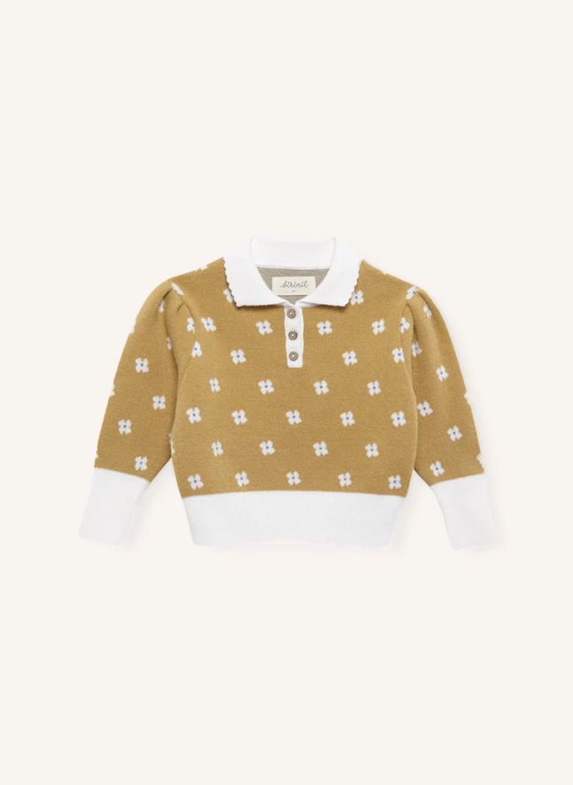 Pull Col Polo Fleuri | Jaune moutarde