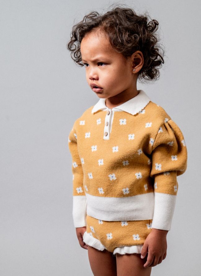 Pull Col Polo Fleuri | Jaune moutarde