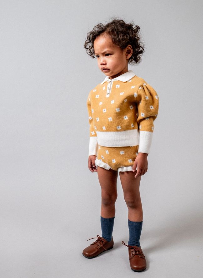 Pull Col Polo Fleuri | Jaune moutarde