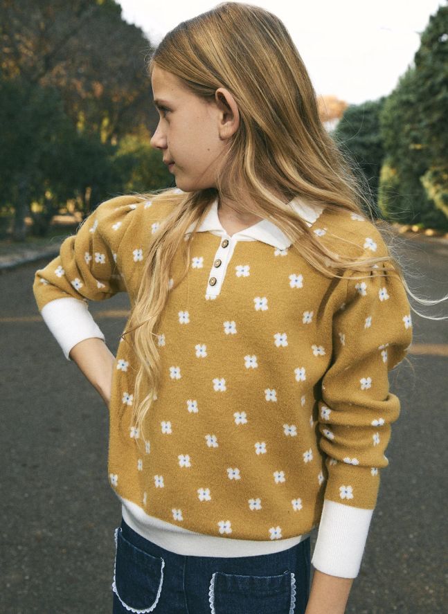 Pull Col Polo Fleuri | Jaune moutarde