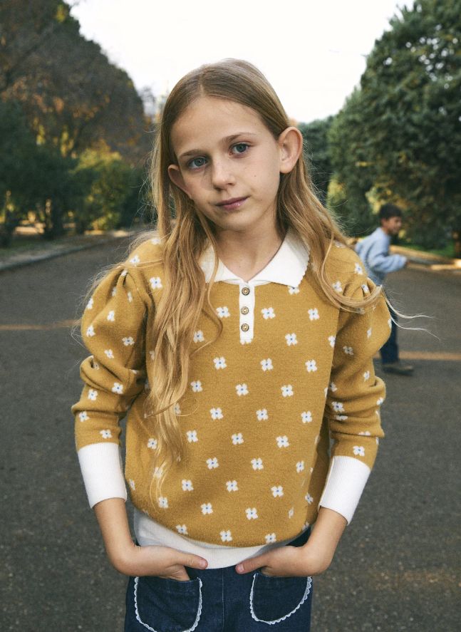 Pull Col Polo Fleuri | Jaune moutarde