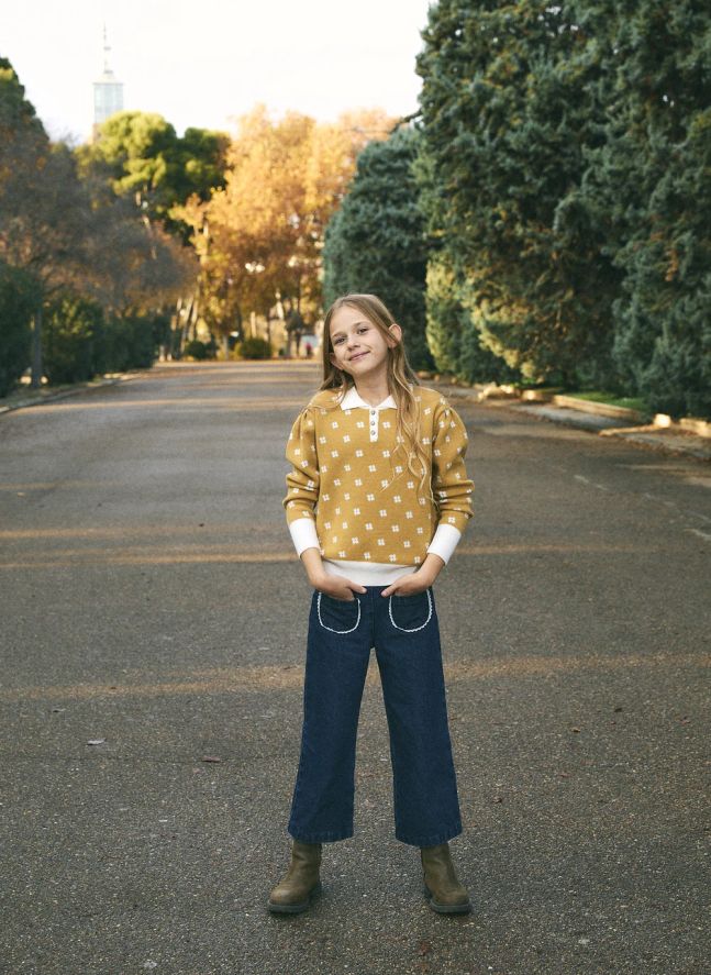 Pull Col Polo Fleuri | Jaune moutarde
