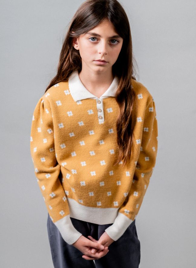 Pull Col Polo Fleuri | Jaune moutarde