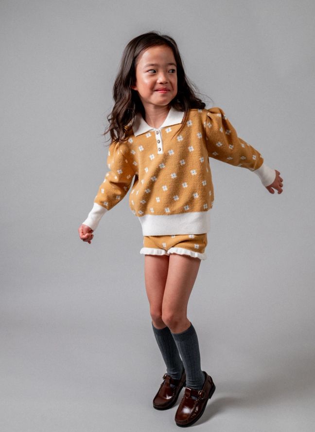 Pull Col Polo Fleuri | Jaune moutarde