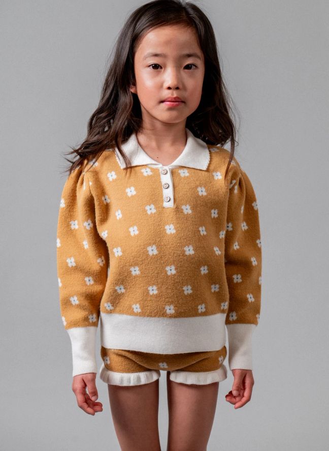 Pull Col Polo Fleuri | Jaune moutarde