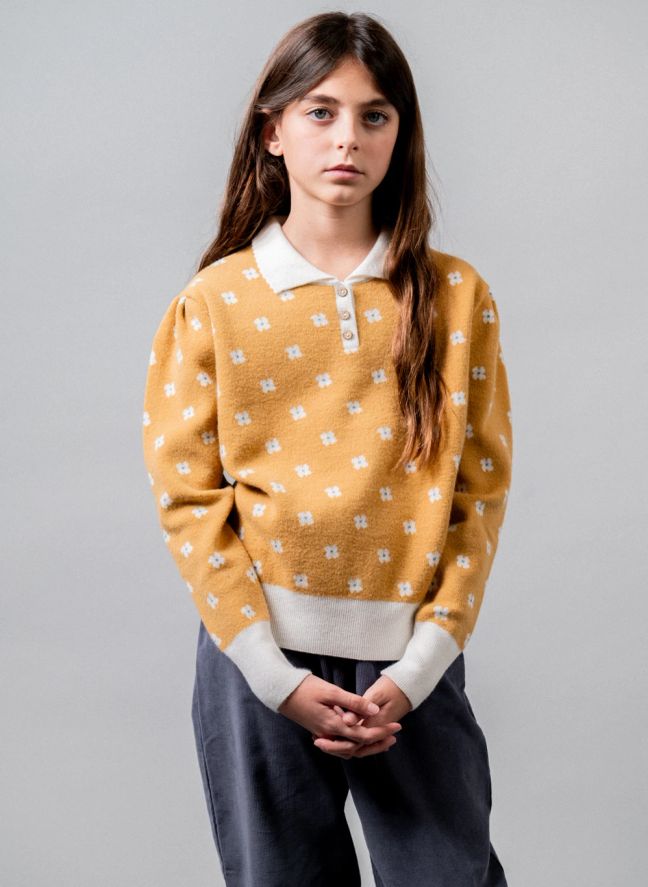 Pull Col Polo Fleuri | Jaune moutarde