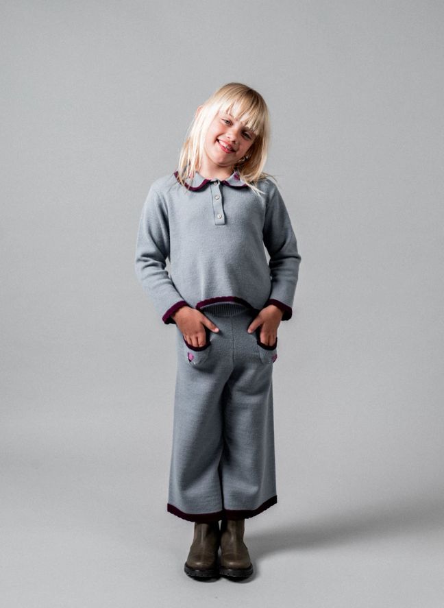 Pantalon Maille Poches Brodées | Bleu gris