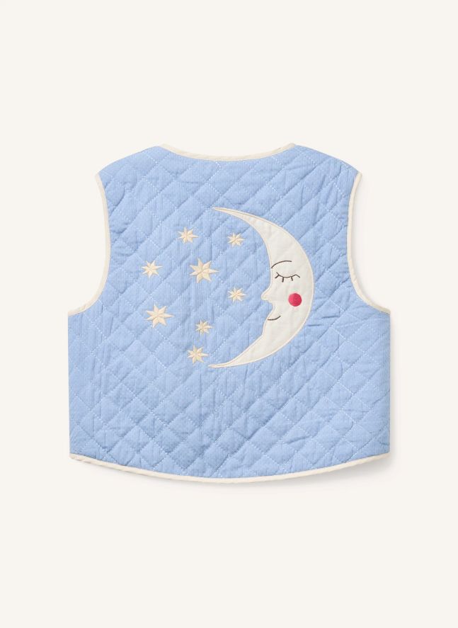 Veste Sans Manches Matelassée Brodée Lune Coton Bio | Bleu ciel